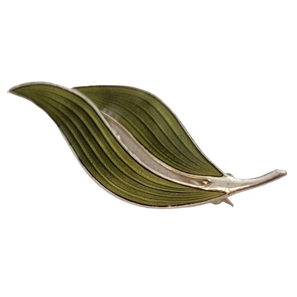 Aksel Holmsen Norway Sterling 925S Green Enamel Leaf Duo Pin, Signed L47 - Picture 3 of 9